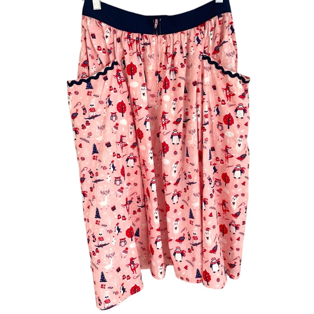 Unique Vintage Christmas Print Full Swing Skirt Cotton Pockets Winter Penguin - Picture 3 of 7